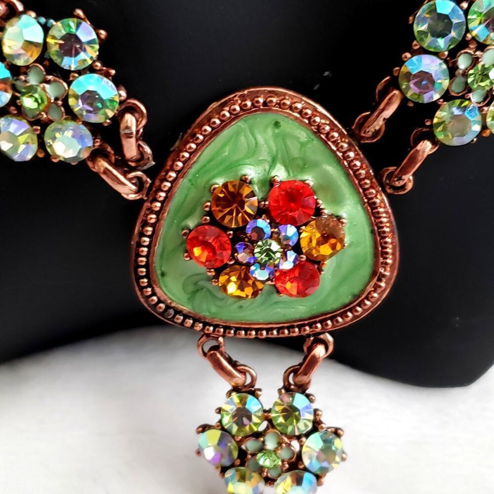 Vintage Copper Necklace & Earrings with Green Enamel and Colorful Rhinestones - Picture 3 of 8